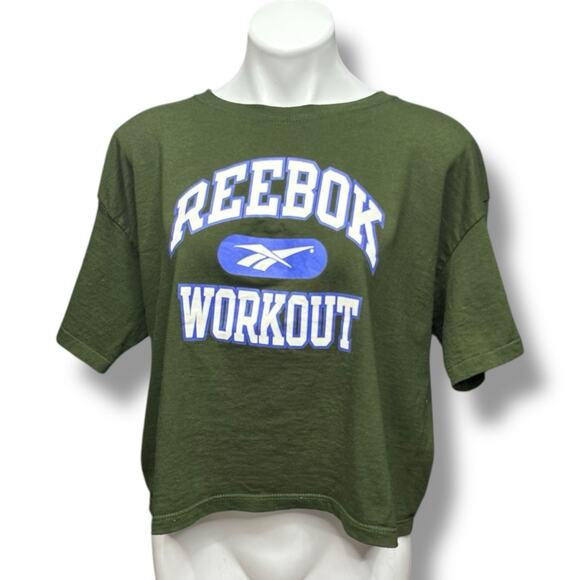 Vintage Reebok T Shirt 90s Cropped Green USA Big Logo Spellout Size L Retro Tee - Picture 1 of 14
